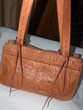 Vintage American West Hand Tooled Floral Leather Shoulder Bag - Cognac Brown